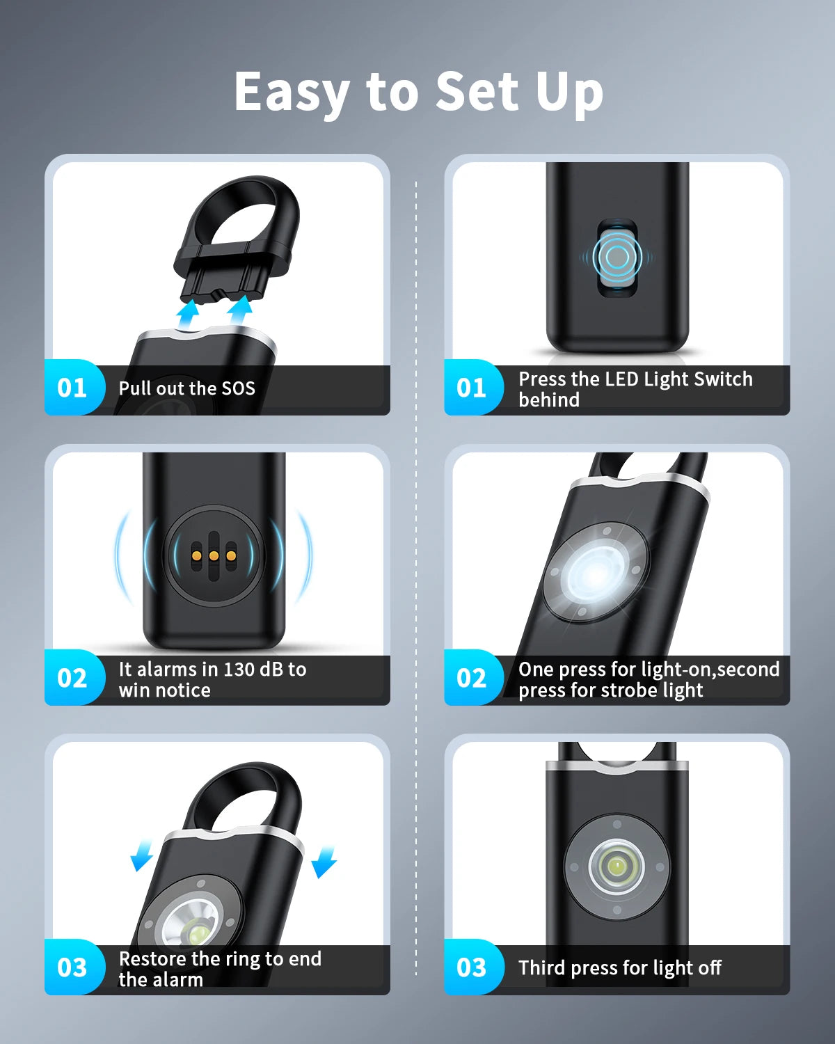 Camluxy 130dB Personal Self Defense Alarm With LED Light Self Defense Siren Safety Alarm For Women Girl Personal Keychain Alarm