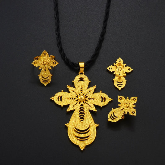 Anniyo Ethiopian Jewelry sets Cross Pendant Necklaces Earrings Rings African Eritrean Habesha Wedding Accessories #139016