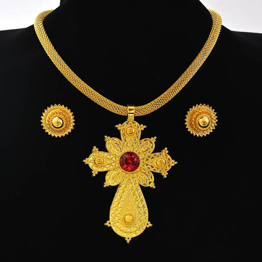 Ethiopian Big Size Pendant Chokers Collar and 2CM Earrings Ethiopian Jewelry Sets Eritrean African Habesha