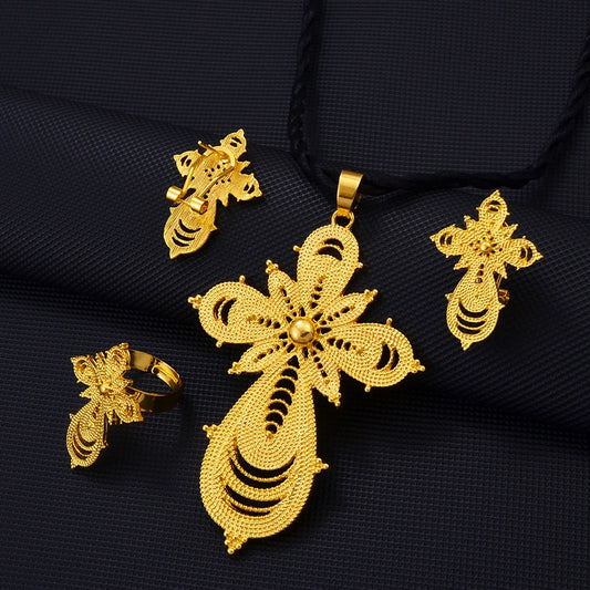 Anniyo Ethiopian Jewelry sets Cross Pendant Necklaces Earrings Rings African Eritrean Habesha Wedding Accessories #139016
